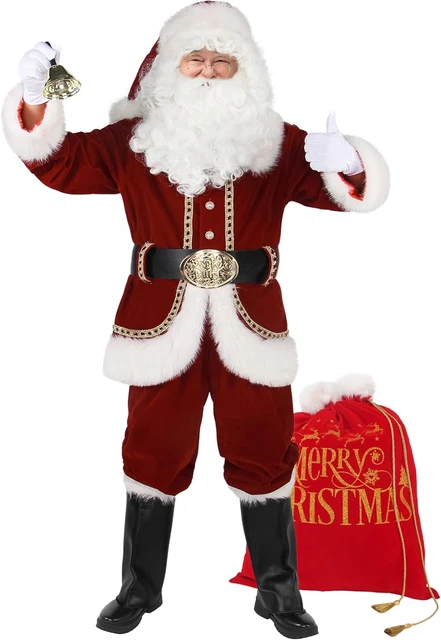 Set Completo Costume Babbo Natale Adulto - Cappello, Barba, Parrucca, Guanti, Occhiali E Cintura, Taglia Unica