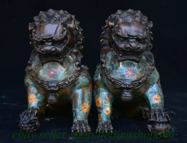 8" Old Chinese Bronze Cloisonne Fengshui Foo Fu Lion Beast Statue Pair