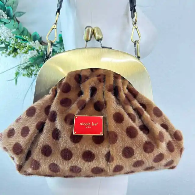 Nicole Lee Hallie tan faux fur with brown polka dots purse