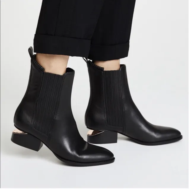 Alexander Wang Women's Anouck Boots Black Leather Rose Gold Ankle Metal Size 35