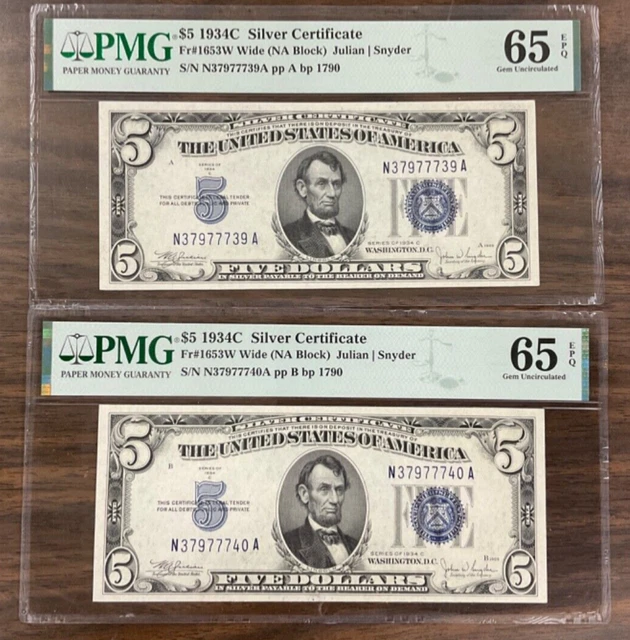 2 consecutive 1934C $5 Silver Certificate Fr#1653W Wide (NA Block) PMG 65 EPQ