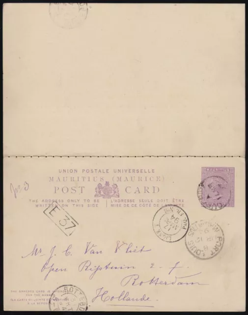 MAURITIUS 1894 GS Doppelkarte 6c QV Schiffspost LIGNE T CUREPIPE> PORT LOUIS> NL