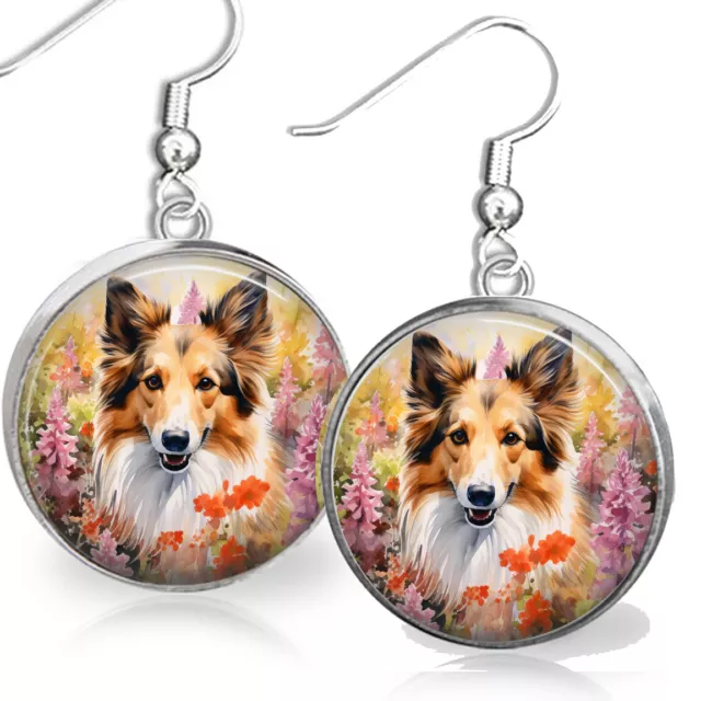 Watercolor Art Print Shetland Sheepdog Spring Flowers Sheltie Dog Mom Earrings