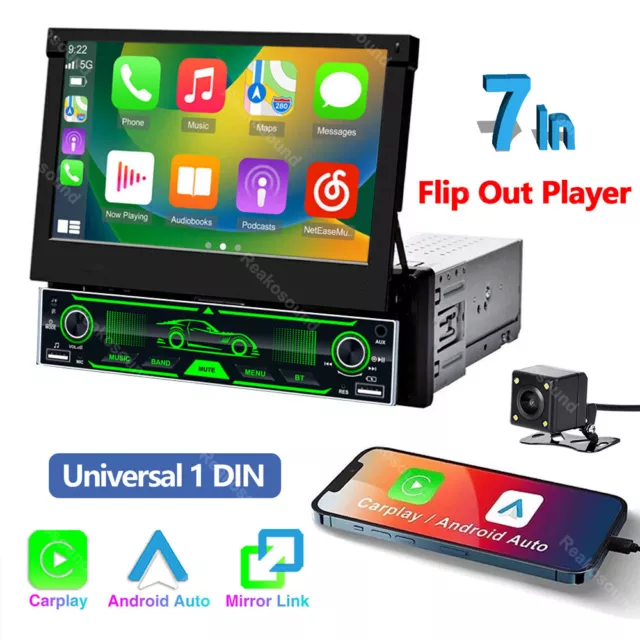 7" Flip Out Car Radio Stereo Apple Carplay Android Auto Touch Screen Single 1Din