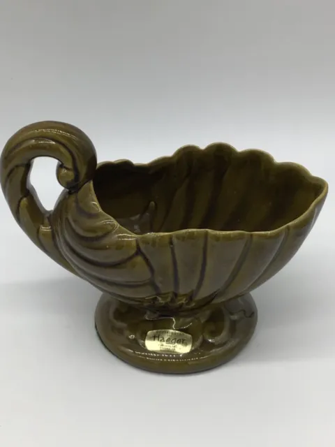 Vintage Haeger Pottery Cornucopia Planter Green Glaze Scalled Shell Bowl 6"