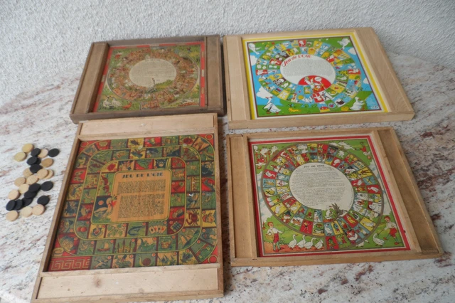 LOT DE 4 jeux ancien jeu de l'oie jeux de société en bois vintage