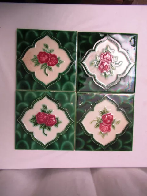 Antique Tile Majolica Art Nouveau Japan Rose & Green Leaf Geometric 4 Pc Set"706 2