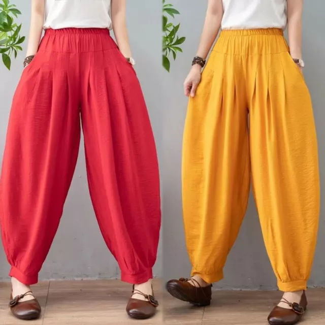 Femme Coton Lin Sarouel Baggy Pantalon Haut Taille Élastique Desseré Ethnic Neuf