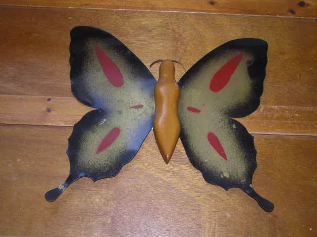 Vintage Black Bronze & Red Painted Metal BUTTERFLY with Wood Body Wall Hanging