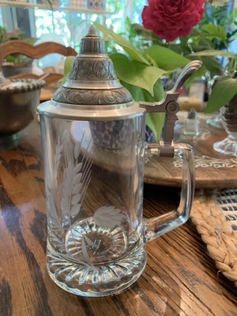 vintage crystal ALWE  beer stein w silver lid and etched Wheat