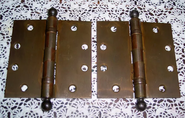 Pair Vintage Stanley Heavy Duty Solid Brass 4-1/2" Cannonball Door Hinges