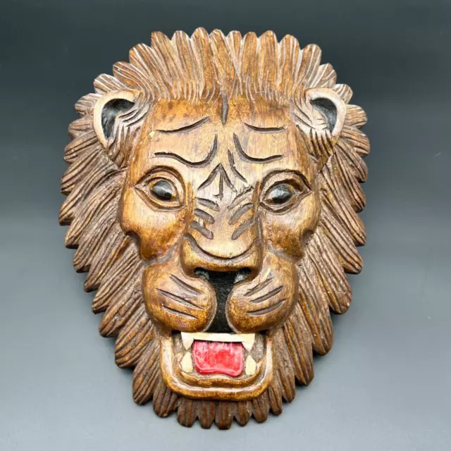 Vintage Folk Art Hand Carved Wooden Roaring Lion Head Wall Hanging Decor 11"
