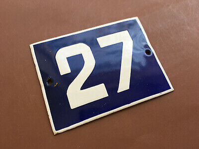 ANTIQUE VINTAGE FRENCH ENAMEL SIGN HOUSE NUMBER 27 DOOR GATE SIGN BLUE 1950's