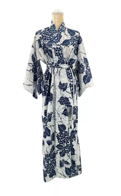 Hayashi Yukata Kimono Womens MED Japan Blue Batik w/Belt Traditional Cotton 59"