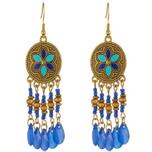 1Pair Blue Jade Drop Enamel Tibetan Golden Flower Pendant Earrings EH902