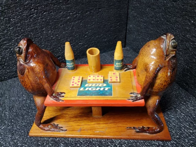 Vintage Unusual Taxidermy Bullfrogs Playing Domino's with Bud Light Beers