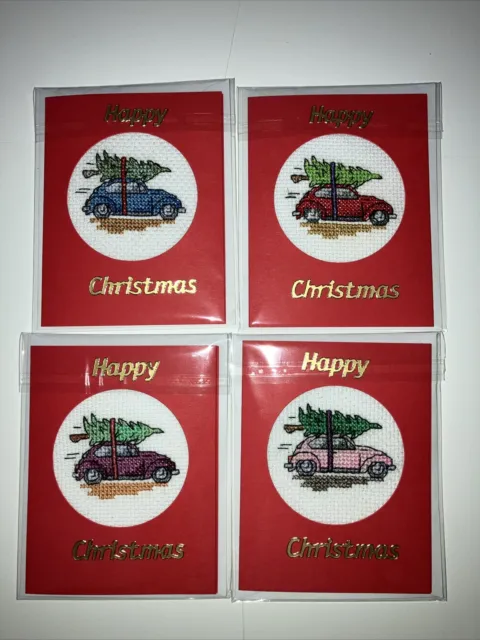 Christmas Cards - set of 4 - Cars -made from cross stitch