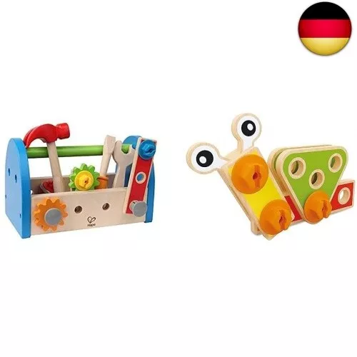 Hape Werkzeugkasten aus Holz mit Zubehör | farbenfrohe Werkbank Hammerspielset