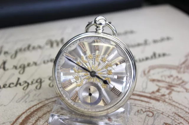 Schöne schwere antike fusee Taschenuhr massiv Silber Champleve pocket watch