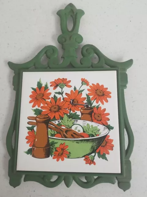 Old Large Cast Iron Ceramic Tile Trivet Japan HH Early American Green Floral
