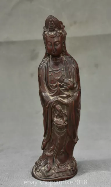 9.2 " Old Chinese Wood Carved Buddhism Guanyin Kwan-Yin Buddha Stand Statue