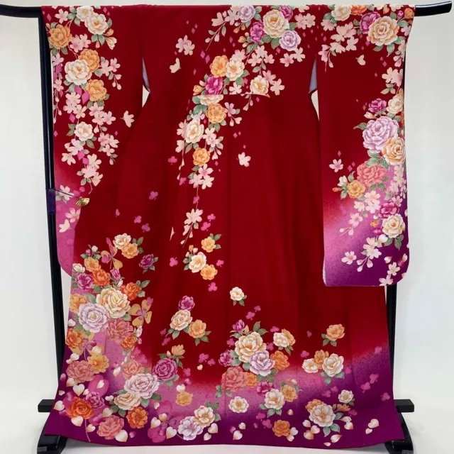Furisode japanese kimono used pure silk floral pattern L size red  1928