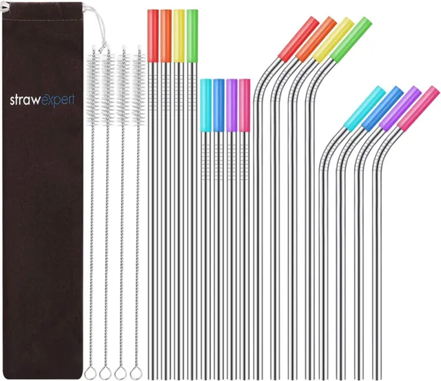 Set of 16 Reusable Stainless Steel Straws with Travel Case Cleaning Brush Silico