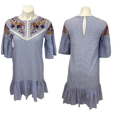 Zara Basic Collection Dress Size XS Prairie Floral Embroidery Ruffle Stripe Blue