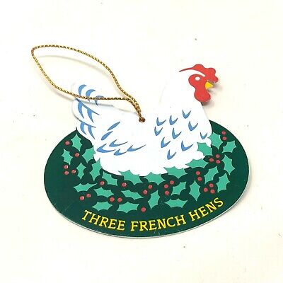 VTG flat metal enamel THREE FRENCH HENS Christmas Tree ornament nice chicken