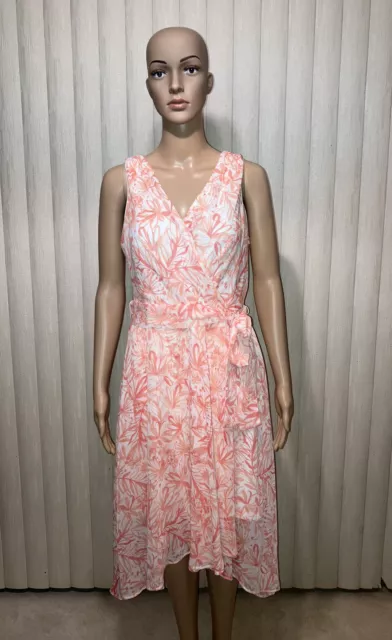 Tommy Hilfiger Coral/Peach Floral Chiffon Midi Dress (Size 10) ~ FREE SHIPPING