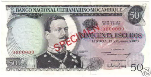 Mozambique Portugal 50 Escudos 1970 No Ovpt Pick 11 Specimen Aunc 2 Pinholes