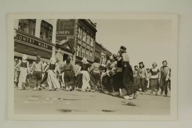 Vintage RPPC Postcard TULIP TIME FESTIVAL Holland Michigan Downtown Parade