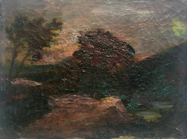 Tableau ancien, Huile sur toile, Paysage au crépuscule, XIXe