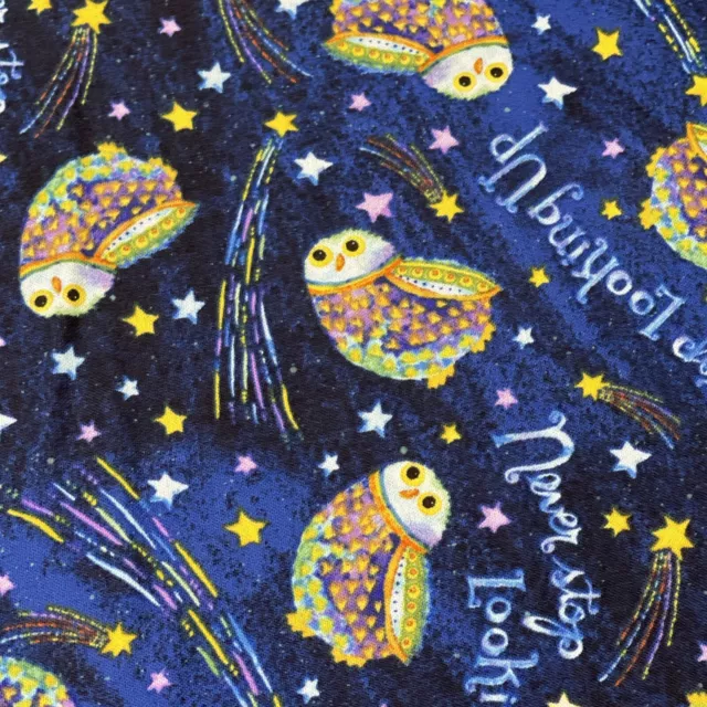 Never Stop Looking Up Owls & Stars On Blue Cotton Fabric FQ Or Continuous Cut