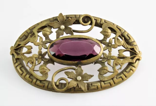 Antique Victorian Art Nouveau Czech Glass Purple Amethyst Glass Brooch Pin 3"