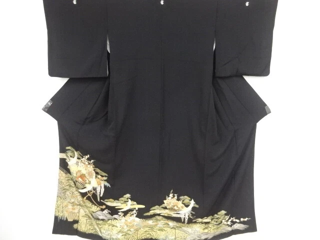 44693# Japanese Kimono / Antique Tomesode / Kinsai / Crane & Bridge With Flo