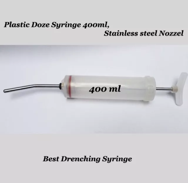 Plastic Dose Syringe 400mL, Stainless Steel Nozzle, Dental, Equine. N