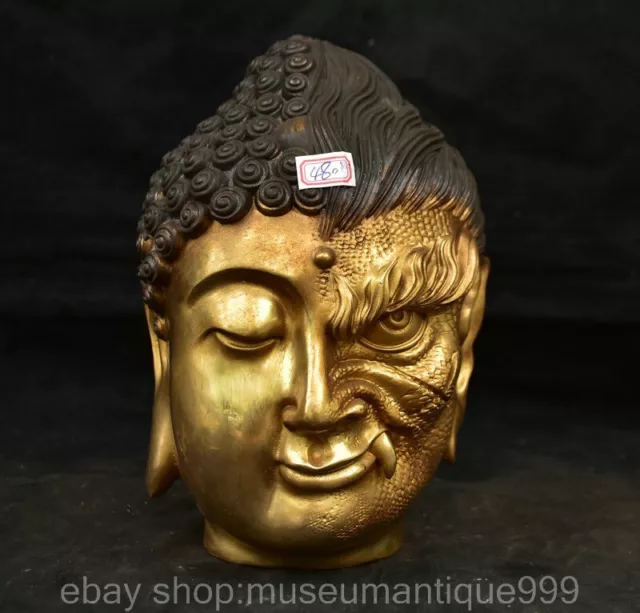 10.8" Old Chinese Copper Bronze Gilt Buddhism Buddha Head Statue Sculpture