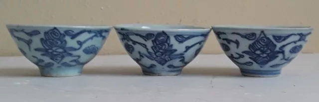 Three Antique Chinese Blue and White Porcelain Wine Cups/Bowls