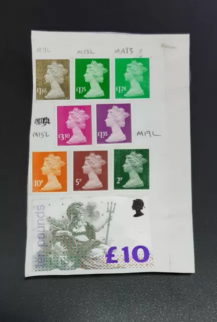 GB High Value Security machin stamps on paper + Britannia £10 Unftanked