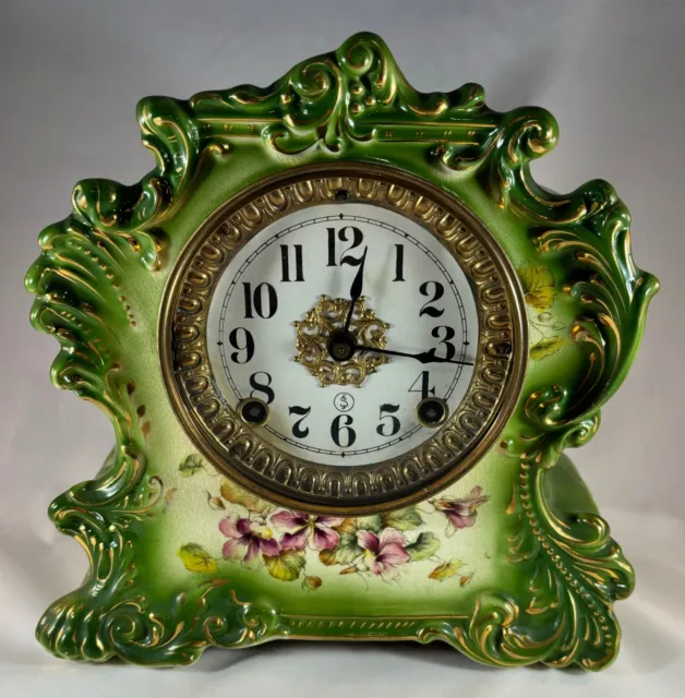 Ansonia Tribute Mantle Clock Antique Victorian Porcelain Green Floral 9"