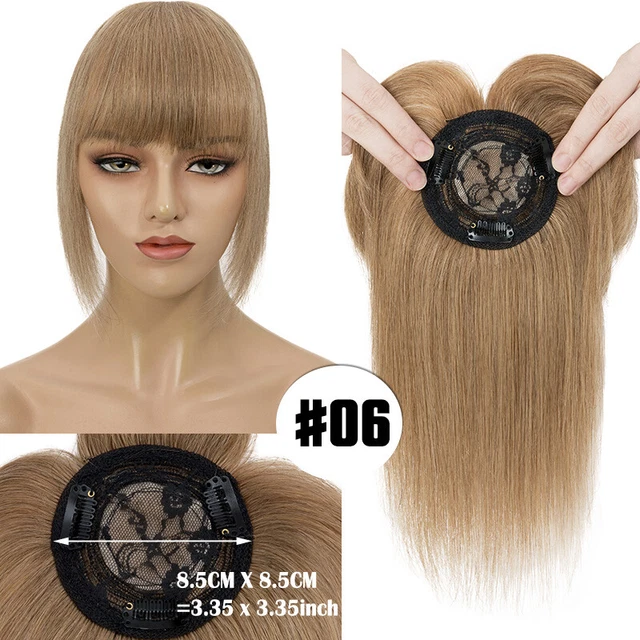 8.5x8.5cm Human Hair Topper with Bangs Clip In Mono Women Wiglets #6 Light Brown