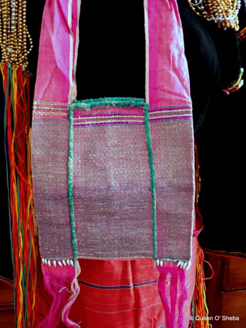 Hill Tribe Bag Handwoven Silver Thread Tassel Jobs Tears Seed Embroidery Burma2~