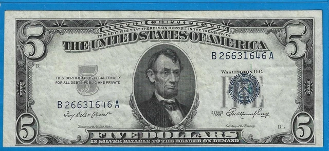1953 $5 Silver Certificate,Blue Seal,Crisp VF,Nice!