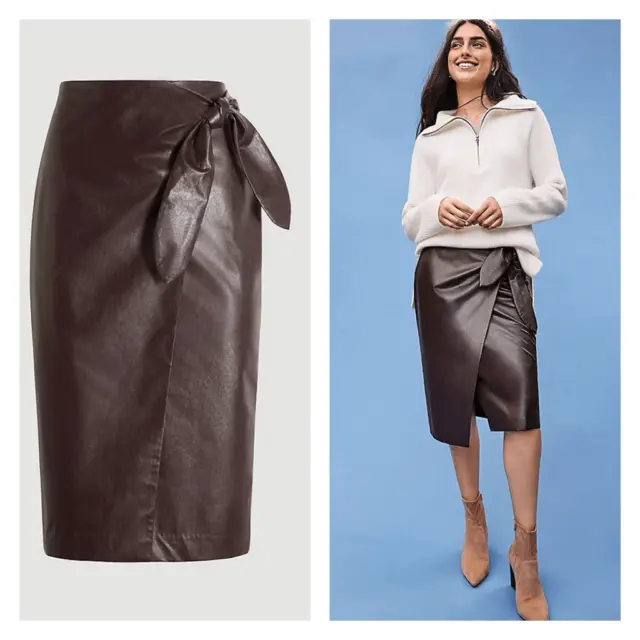 NWT Ann Taylor Faux Leather Wrap Midi Pencil Skirt Burgundy Size 4 XS