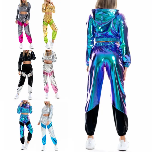 Women Outfit Shiny Hooded Holographic Pants Dance Adult Hip Hop 2Pcs Crop Top