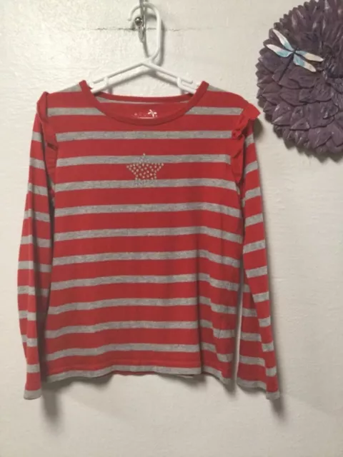 Okie Dokie Girls Knit Top Size 6 Red Gray Ruffled Shoulders Striped Star 72