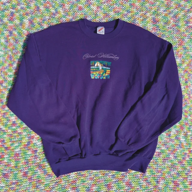 Vintage 80s Cottagecore Embroidered Colonial Williamsburg Sweatshirt Size Large
