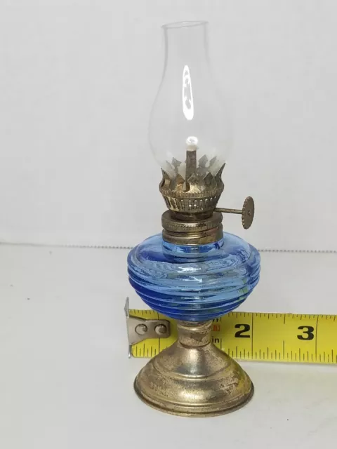 Vintage Clear and Blue Glass Miniature Oil Lamp Round Base Pedestal Approx. 5.5"