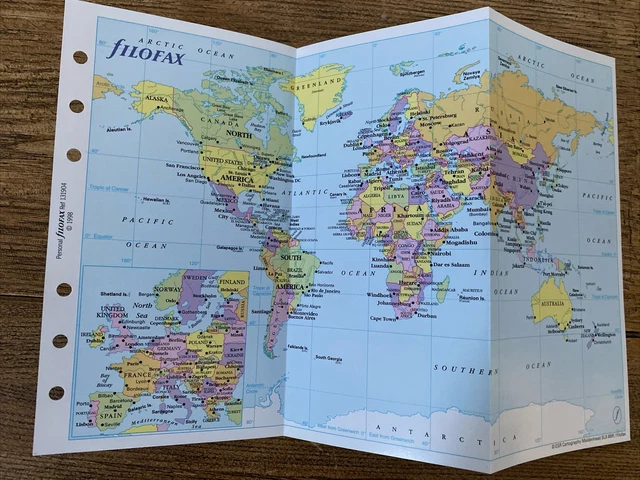 Filofax Map Insert FILOFAX-WORLD MAP RARE EDITION 1992 -1 Sheet-Folds to 3 Sides Double ...